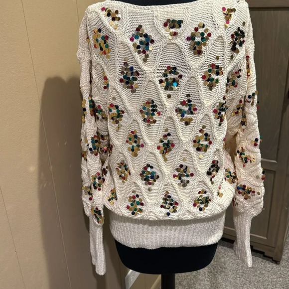 Anthropologie Lara ivory soft silky diamond pattern knit sequen accent sweater S - Picture 6 of 9
